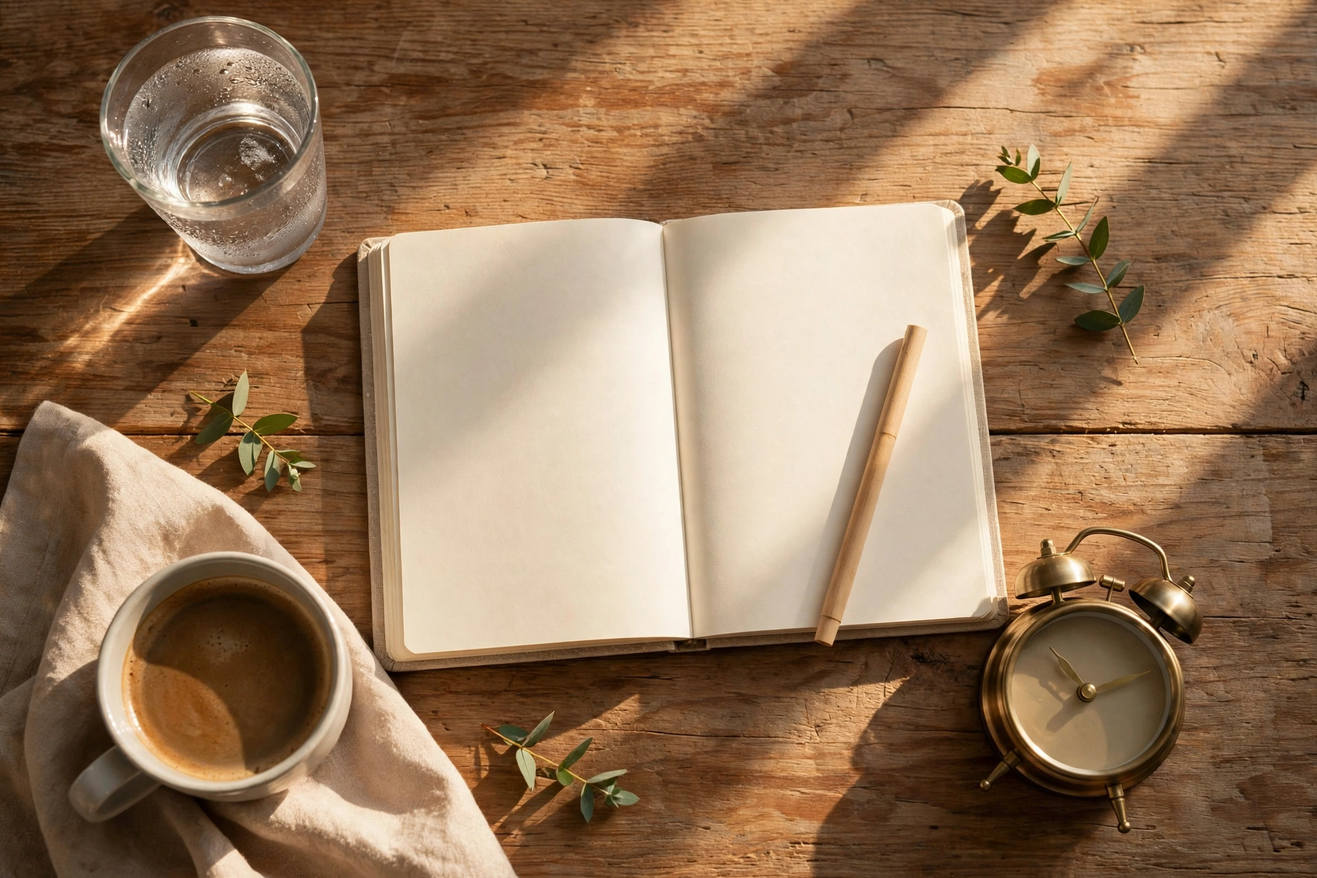 Morning routine flat lay with water, journal and coffee in sunlight