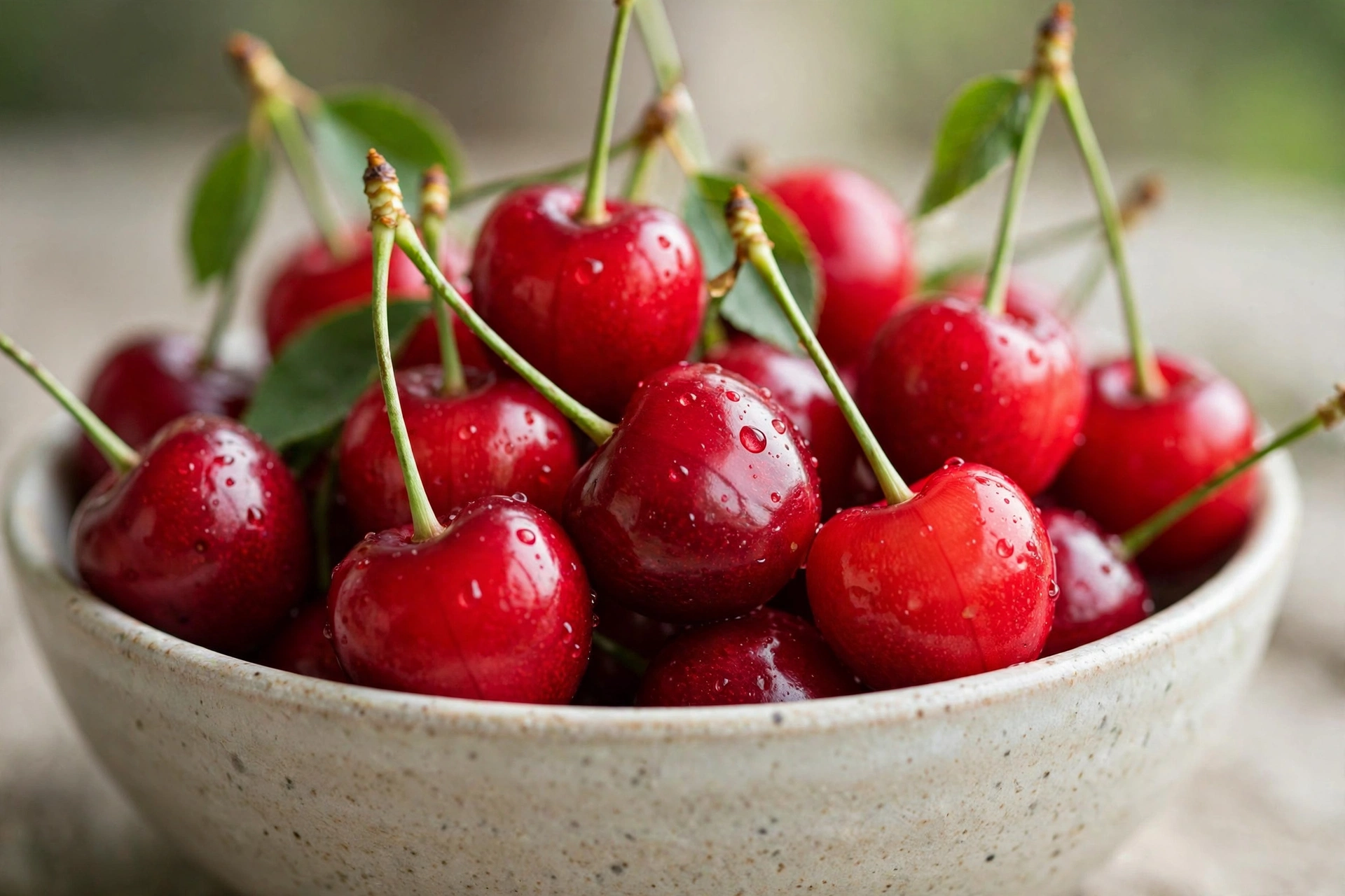Close-up of a bowl of fresh red tart cherries